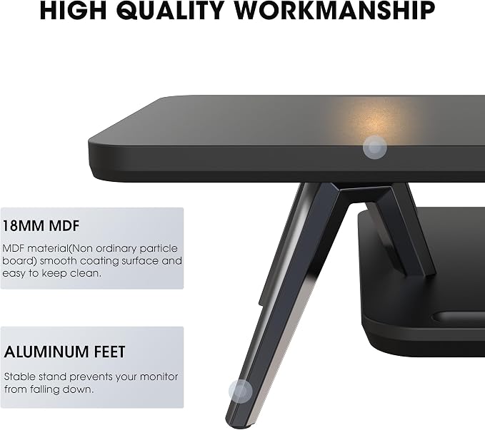 Fenge Dual Monitor Stand Riser, Wooden Desk Shelf with 2-Tier Storage | 47.2-Inch Extra Wide, Sturdy Aluminum Legs, Built-In Phone & Tablet Slot, Desktop Organizer for Office Accessories - Image 4