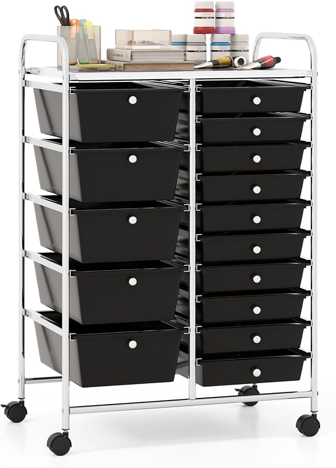 Giantex 15 Drawer Rolling Storage Cart Tools Scrapbook Paper Office School Organizer, Black by Giantex