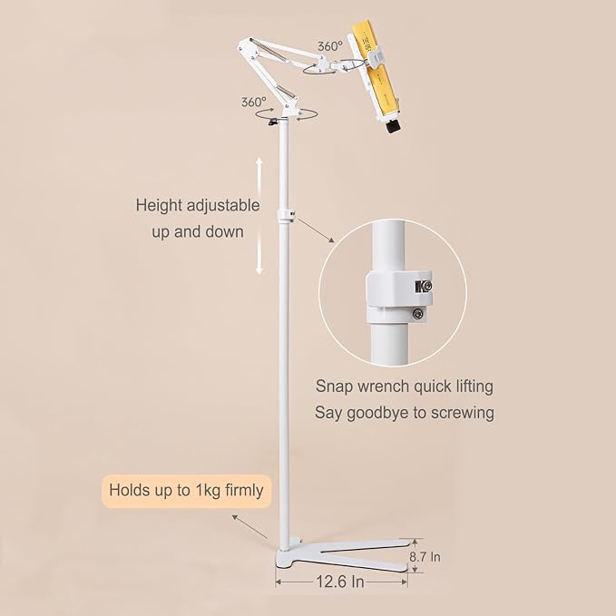 Book Stand for Bedsid, Book Light and 2 Spring Clips, with Phone Holder, Long Arm Table Music Stand, Adjustable Height Angle, for Laptop Phone Tablet, for Cookbooks, Textbooks, Magazines - Image 5