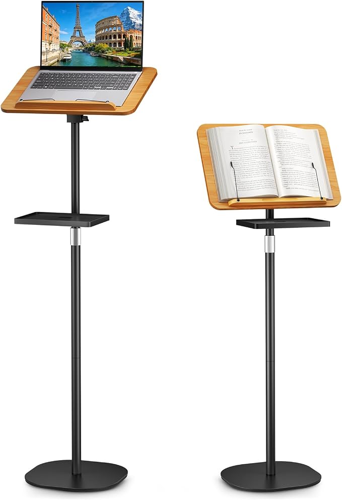 2 in 1 Adjustable Floor Book Stand & Music Stand with Removable Tray, 19.7" to 51.2" Foldable Reading Book Holder with Page Clips for Laptop, Cookbooks, Sheet Music, Wooden Podium Stand for Projector by Beolisav