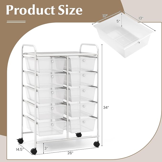 Moccha 10-Drawer Rolling Storage Cart - Under Desk Storage Drawers with wheels for Craft Art Supply Paper Salon, Scrapbook Paper Tools, Mobile Utility Cart for Classroom, Clear - Image 3