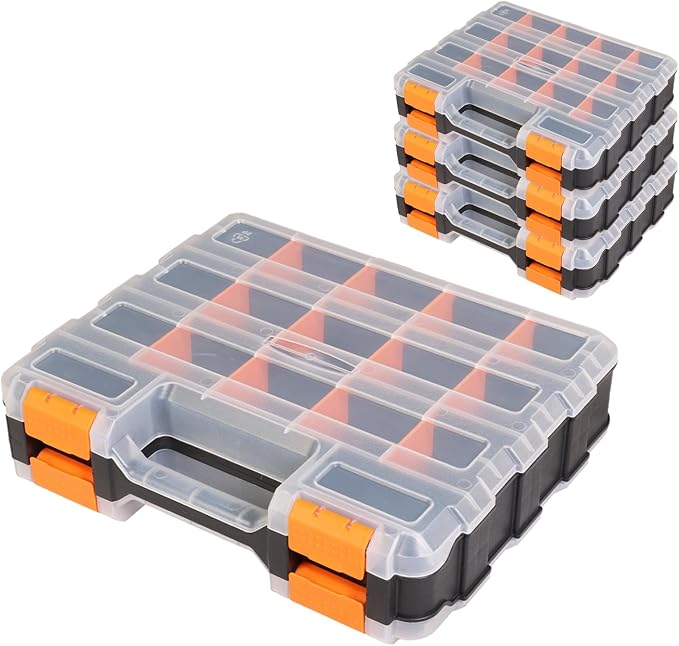 Jack Boss Tool Box with Transparent Lid, Double Side 34-Compartments Organizer Box with Removable Dividers for Hardware, Screws, Bolts, Nails, Beads, Jewelry and Fishing Accessories, Orange, 4 Pack by JACKBOSS