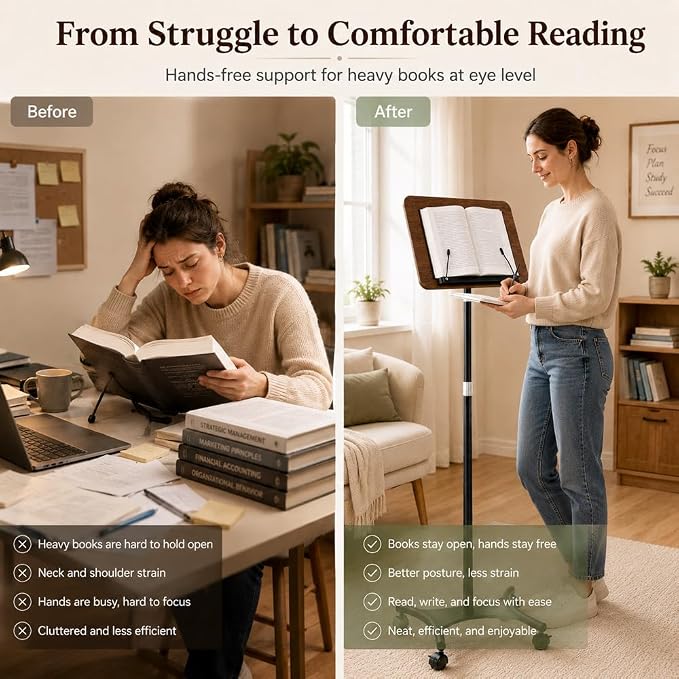 Rolling Book Stand with Wheels, Adjustable Sheet Music & Reading Stand | 16.5 x 11.8 in panel | 19-57 in adjustable height | 360° angle | Lockable wheels | For books, music, tablets - Image 5
