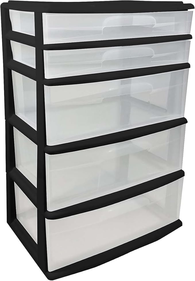HOMZ Drawer Tower, 5-Tier Storage Organizer Unit, Black Frame | Extra-Wide Plastic Organizer with Clear Bin Drawers for Bedroom, Bathroom, Home Office, and Dorm Rooms - Image 9