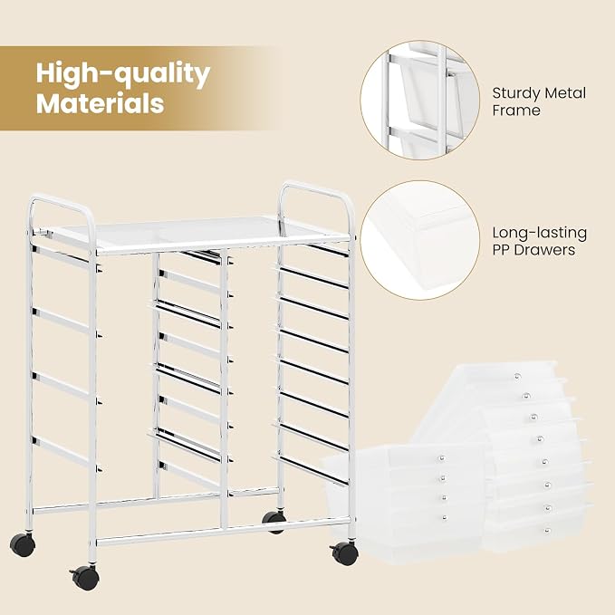 Giantex 12 Drawer Rolling Cart with Drawers, Storage Organizer Cart for Classroom Office School Teacher, Mobile Drawer Cart for Tools, Crafts, Small Printer, Clear - Image 7