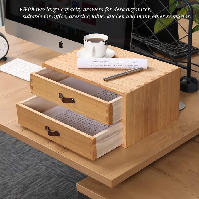 DDYURI Wooden Desk Organizer with 2 Drawers - Desktop Storage Drawers for Office Supplies File Paper Storage - Wood Chest/Small Cabinets for Jewelry Dresser Kitchen Counter (FAX2C-LT） - Image 4