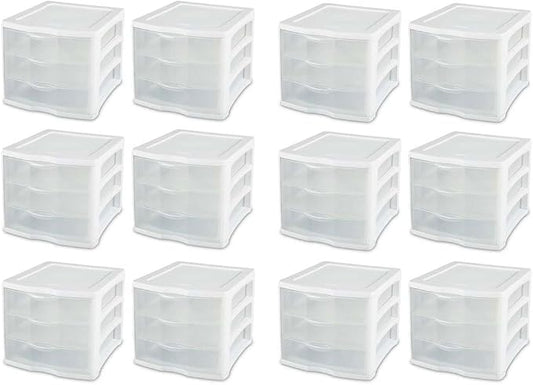 Sterilite ClearView Compact Stacking 3 Drawer Storage Organizer System for Crafting Supplies, Home Office, or Dorm Room, (12 Pack) by Sterilite
