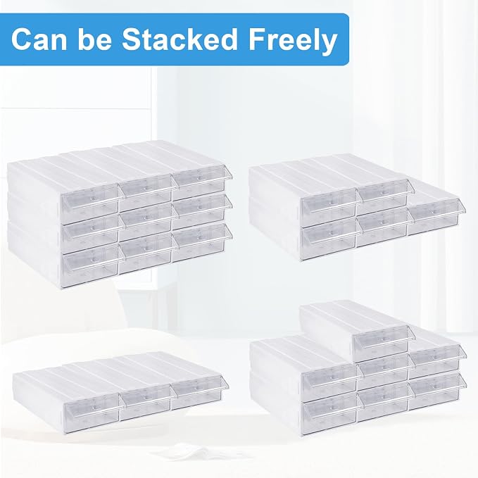 9 Pcs Drawer Stacking Storage Cabinet with 18 Pcs Clear Dividers Organizer Rack & 9 Pcs Tag Card, Plastic Stacking Storage-in-Drawer Cabinet for Home Office Small Items - Image 5