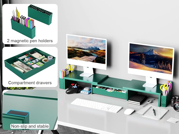 Spacrea Metal Desk Organizers and Accessories, Dual Monitor Stand Riser with Drawer and 2 Pen Holders, Desk Accessories & Workspace Desktop Organizers for Office Supplies (Dark Gree) - Image 6