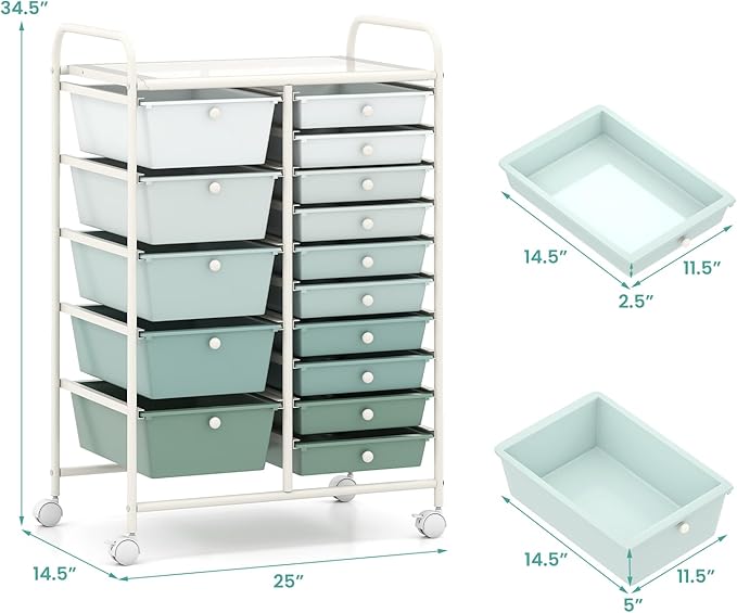 Giantex 15 Drawers Rolling Cart, Classroom Organizers, Storage Cart with Wheels, for Teacher Office Home School Supplies Tool Craft Art Paper, Green Gradient - Image 3