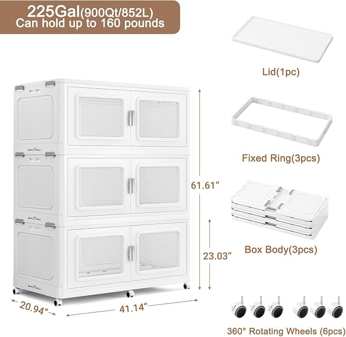 BROVIEW 900 Qt/225 Gal Stackable Storage Bins with Lids, 3 Pack, White | Large Stackable Storage Boxes w/ 1 Lid Folding Plastic Cart Organizer for Home Kitchen, Open Front Clear Door with Wheels - Image 2