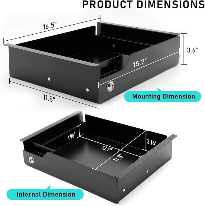Under Desk Drawer Storage with Lock, Metal Undermount Table Drawer, Ball Bearing Slides Out Tray Organizer for Paper, Pencil, and Laptop 16"x11.8"x3.6", Black - Image 2