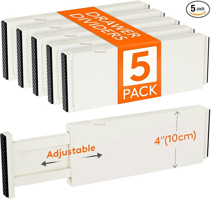 Lifewit 4" High Upgrade Drawer Divider, Adjustable Drawer Organizer Clothes | 5 Pack 11"-17" Expandable Beige Plastic Drawer Separator for Dresser, Kitchen, Closet, Nursery, Office Organization & Storage by Lifewit