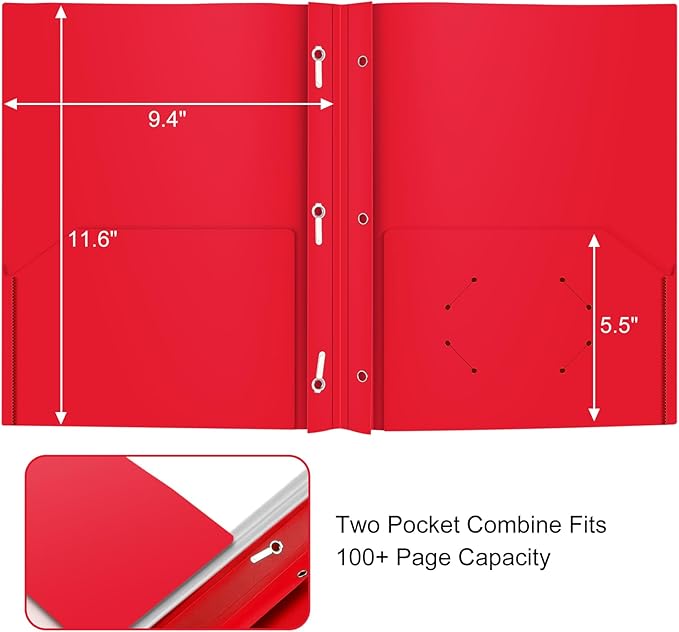 Heavy Duty Plastic Folder, 60 Pack, Pocket Folder with brads, Letter Size Poly File, Plastic Folders with 3 Prongs Fasteners - Red - Image 3