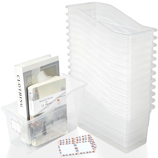 gisgfim 12 Pack Large Book Bins with Labels (Clear) | Durable Plastic,Stackable Magazine Organizer,Storage Bins for Classroom,Library,Office,Bookshelf Categorization by gisgfim