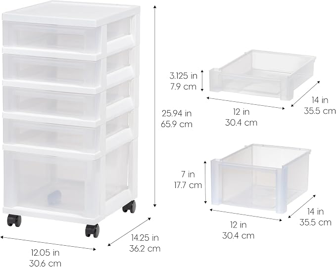 IRIS USA 5-Drawer Rolling Storage Cart with Organizer Top, White/Clear | Keep craft supplies, office essentials, classroom items, and accessories organized with easy-access drawers for daily use - Image 3