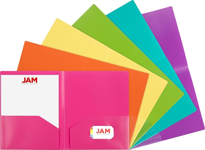 JAM PAPER Heavy Duty Plastic 2 Pocket Extra Tough School Folders - Assorted Fashion Colors - 6/Pack by JAMPaper