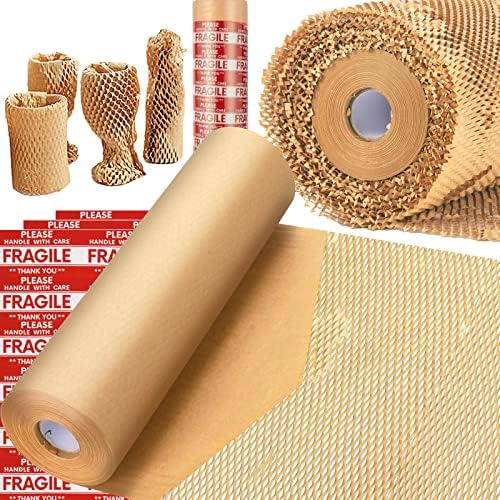 Honeycomb Packing Paper, MINHAO 15"x165' Eco Friendly Packing Paper for Moving Recyclable Honeycomb Paper Moving Supplies Bubble Paper Wrapping Protective Roll, With 36 Fragile Sticker Labels by MINHAO