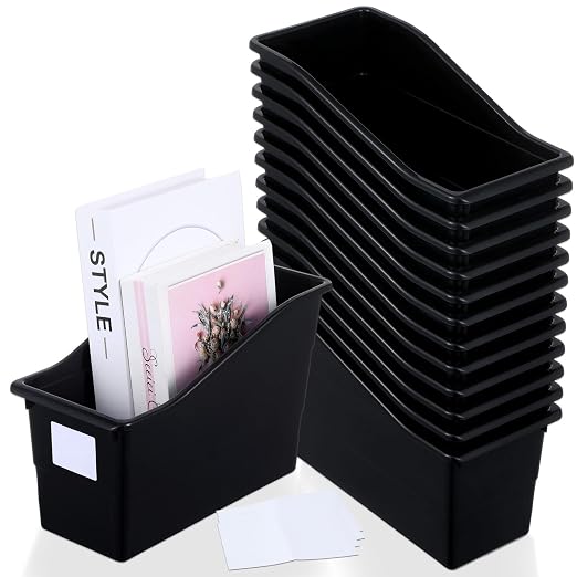 gisgfim 12 Pack Large Book Bins with Labels (Black) | Durable Plastic,Stackable Magazine Organizer,Storage Bins for Classroom,Library,Office,Bookshelf Categorization by gisgfim