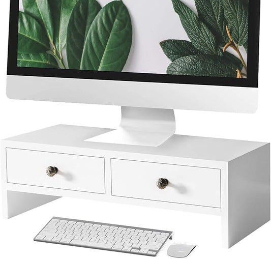 WELLAND Monitor Stand Riser with Drawers, Computer Monitor Stand, Desktop Organizer Stand for Laptop, PC, Office Supplies, White by WELLAND