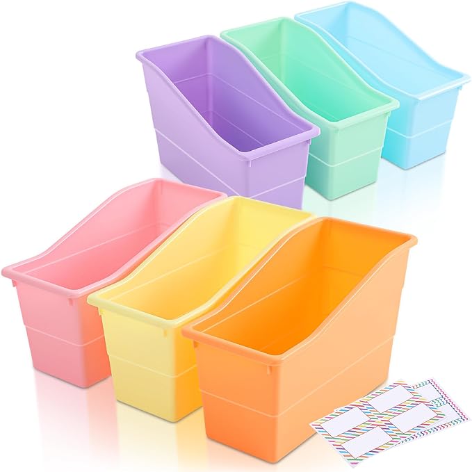 Blosssound 6 Set Book Bins for Classroom with Label Sticker Book Box Baskets Plastic Stackable Organizing Bins Storage & Organization for Classroom Library Home School Supplies (Pastel) by Blosssound