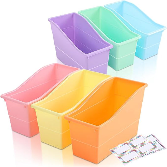 Blosssound 6 Set Book Bins for Classroom with Label Sticker Book Box Baskets Plastic Stackable Organizing Bins Storage & Organization for Classroom Library Home School Supplies (Pastel) by Blosssound