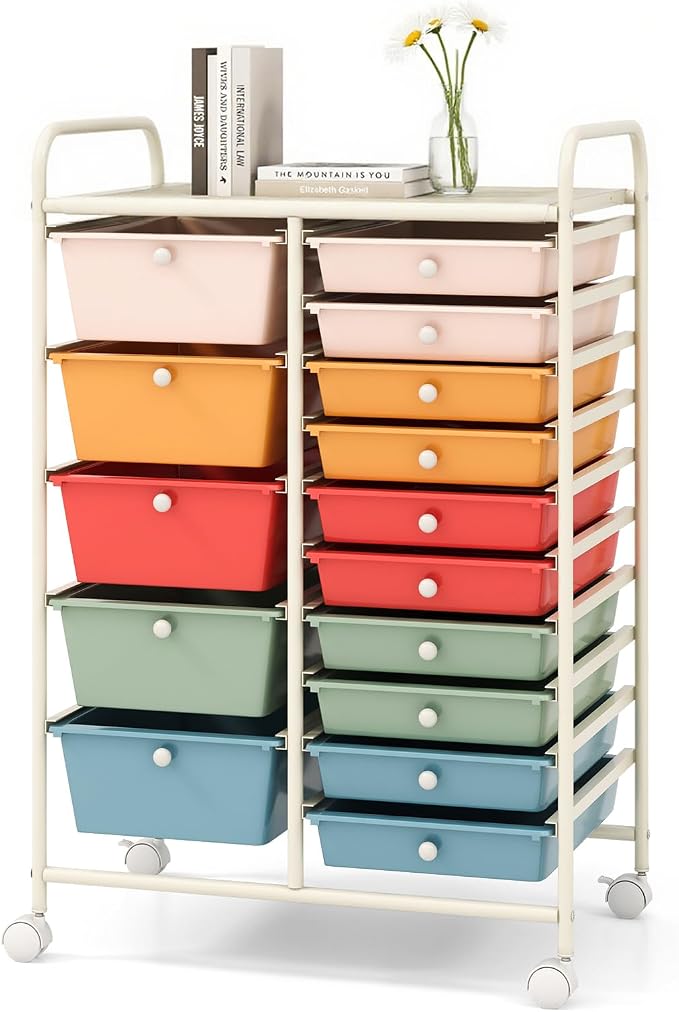 DORTALA 15-Drawer Rolling Storage Cart with Drawers, Rolling Utility Cart w/Removable Drawers & Universal Wheels, Tools Scrapbook Paper Organizer for School, Office, Home, Classroom (Macaroon Color) by DORTALA