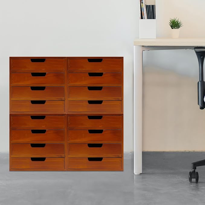 4-Pack Wooden Drawer Organizer Set, Stackable 4-Drawer Desktop Storage Cabinets in Modern Mahogany Wood - 16-Drawer Countertop Organizer for Office, Vanity, Home, and School (Wood Color) - Image 4