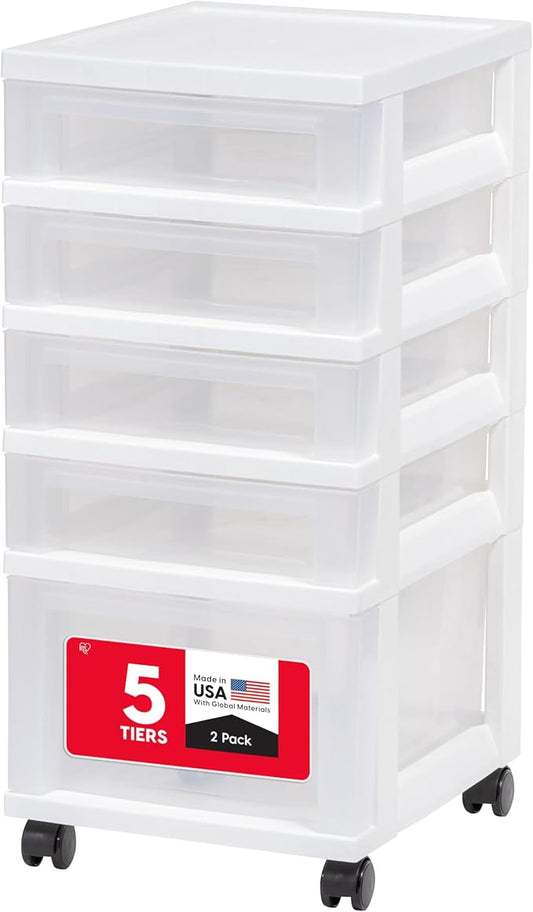IRIS USA 5-Drawer Rolling Storage Cart with Organizer Top, White/Clear | Keep craft supplies, office essentials, classroom items, and accessories organized with easy-access drawers for daily use by IRISUSA