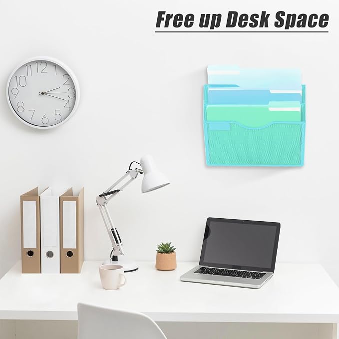 3 Pocket Mesh Hanging Wall File Organizer, Wall Mounted Mail Paper Document Folder Holder, Clipboard Storage Organization Magazine Rack with Nametag Label for Office Home School, Blue - Image 3