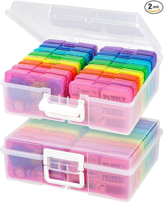 IRIS USA Photo Storage Box |Made in USA| 16 Cases - (2-Pack) - Clear/Multi | Fits 4" x 6" Pictures / Built-In Handle / Organizing Containers for Tasks, Stickers, Ephemera & Flashcards by IRISUSA
