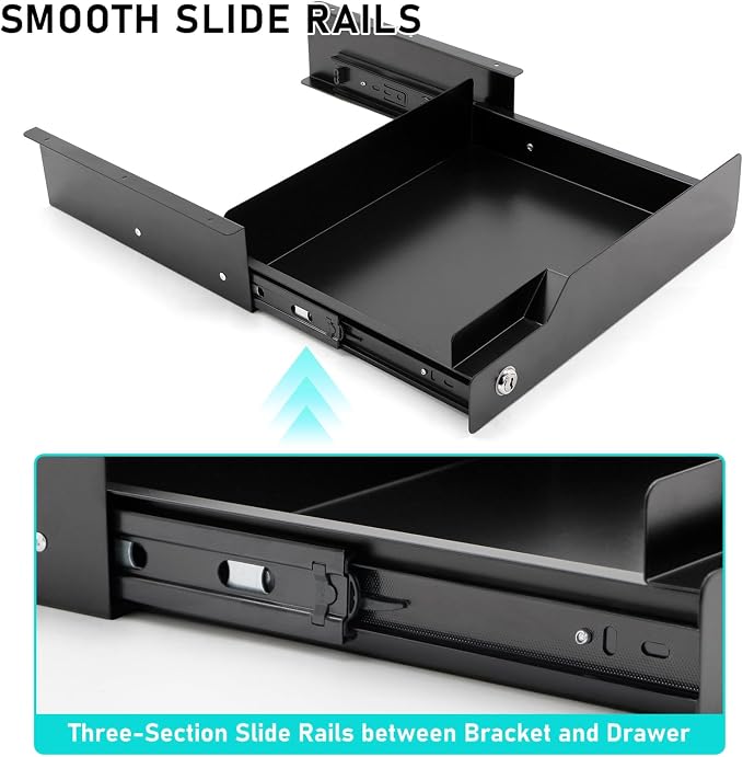 Under Desk Drawer Storage with Lock, Metal Undermount Table Drawer, Ball Bearing Slides Out Tray Organizer for Paper, Pencil, and Laptop 16"x11.8"x3.6", Black - Image 4