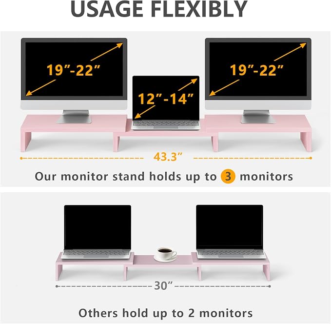 TAVR Dual Monitor Stand Riser, Wooden Computer Monitor Stand for 2 Monitors | Extra Long Multifunctional Desktop Organizer Riser for TV, PC Monitor, Laptop, Printer, Max 43.3" Length, Pink - Image 5