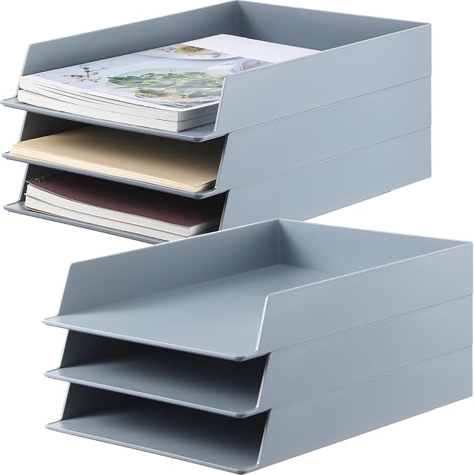 6 Pcs Stackable Paper Trays Rectangular Plastic Desk Holder Desktop Document File Organizer Storage Letter for Office Classroom (Gray) by Wenqik