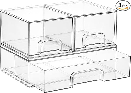 Vtopmart Stackable Storage Drawers Set of 3,Clear Plastic Organizer Bins for Makeup, Cosmetics, Beauty Supplies,Ideal for Vanity, Bathroom,Cabinet,Pantry Organization by Vtopmart