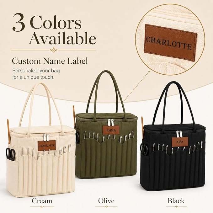 Canvas Yarn Storage Bag with Personalized Name Leather Patch, Large Canvas Yarn Bag for Crochet and Knitting, Crochet Organizer with Multiple Pockets & Yarn Holes, Birthday Gift for Mom Grandma - Image 7