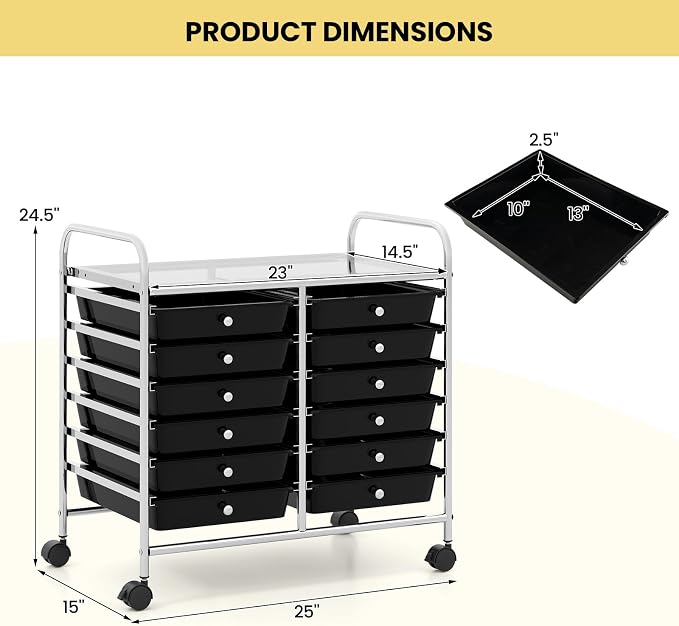 Giantex 12 Drawers Rolling Cart, Mobile Storage Drawer Cart, Classroom Organizer Cart for Office School Supplies Tools Scrapbook Paper Craft Small Printer, Utility Cart on Wheels, Black - Image 3