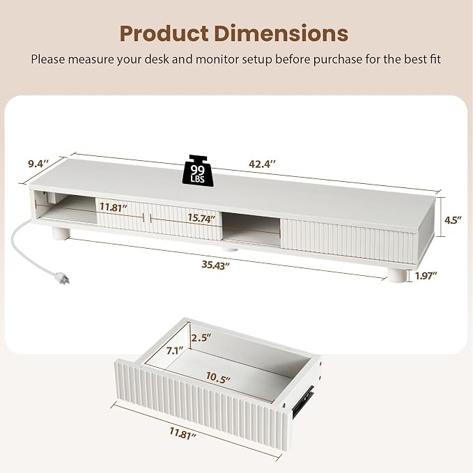 Artswish 42" White Dual Monitor Stand with Power Outlet & Storage Drawer | 42" Monitor Riser for Home Office, Built-In Power Outlet, Hidden Storage & Darwer, Adjustable Height - Image 2