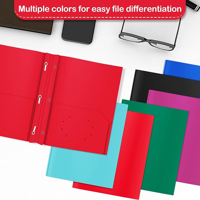 Heavy Duty Plastic Folder, 60 Pack, Pocket Folder with brads, Letter Size Poly File, Plastic Folders with 3 Prongs Fasteners - Red - Image 5