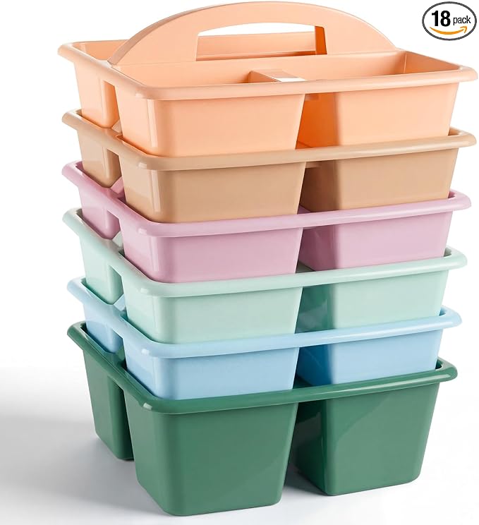 Kathfly 18 Pack Classroom Caddy Organizer with Handle, Plastic Art Craft Cleaning Caddy Bulk, Small Multipurpose Supply Organization Storage Basket for Table Desk Office Pencil Teacher (Morandi Color) by Kathfly