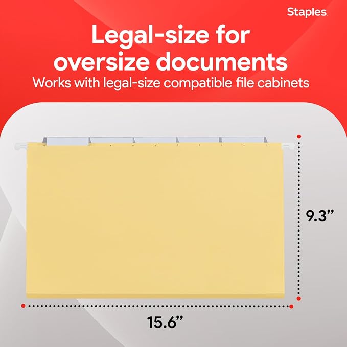 Staples Heavy Duty Reinforced Hanging File Folders, 1/5-Cut Tab, Legal Size, Assorted Colors, 25/Box (ST18657-CC) - Image 3