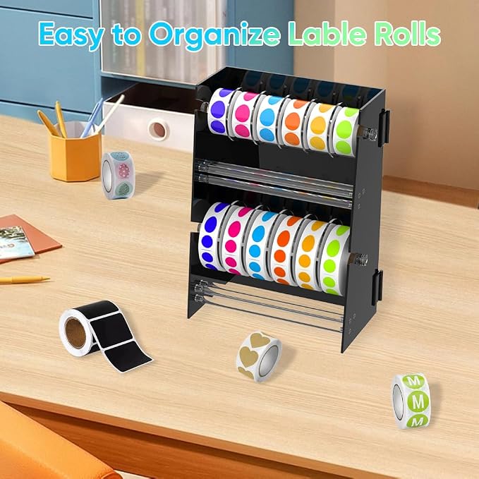 Adjustable Label Dispenser - 12 Disks Acrylic Sticker Roll Dispenser(Black) | Multi-Use Double-Layer Stable Sticker Roll Holder, Label Holder Sticker Holder Organizer, Desktop Label Stand for Home Office - Image 6