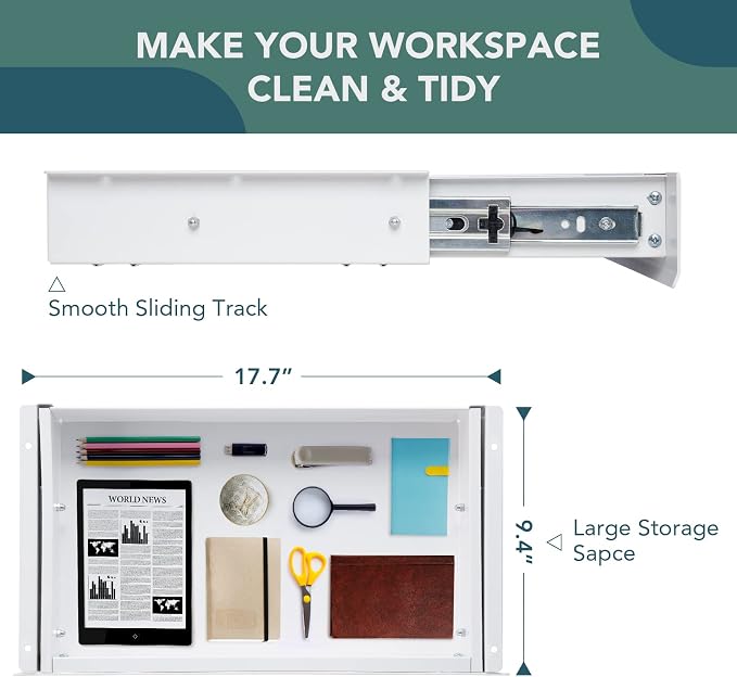 FLEXISPOT Under Desk Drawer, Steel Drawer for Desk Slide-out, Under table Mounted Drawer, Standing Workstation Storage Attachment for Office Home - 17.7” Width, White - Image 2