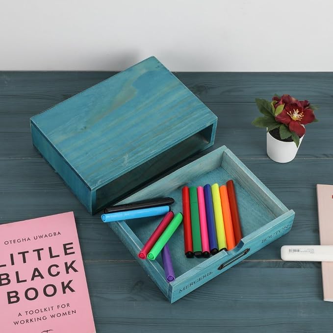 Wooden Drawers Blue Wood Desktop Organizer with Drawers | Vintage Wooden Storage Box for Apothecary Cabinet, Wood Drawer, Countertop Drawer for Library Card Catalog Cabinet - Image 4