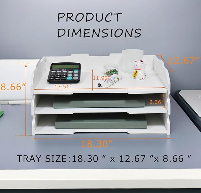 18.31" W × 12.68" D × 8.66" H Large Capacity Desktop File Organizer, Sturdy Stackable Wood Paper Sorter, Premium Letter Document Mail Storage Holder – Black & White（3 Tier-Horizontal） - Image 3