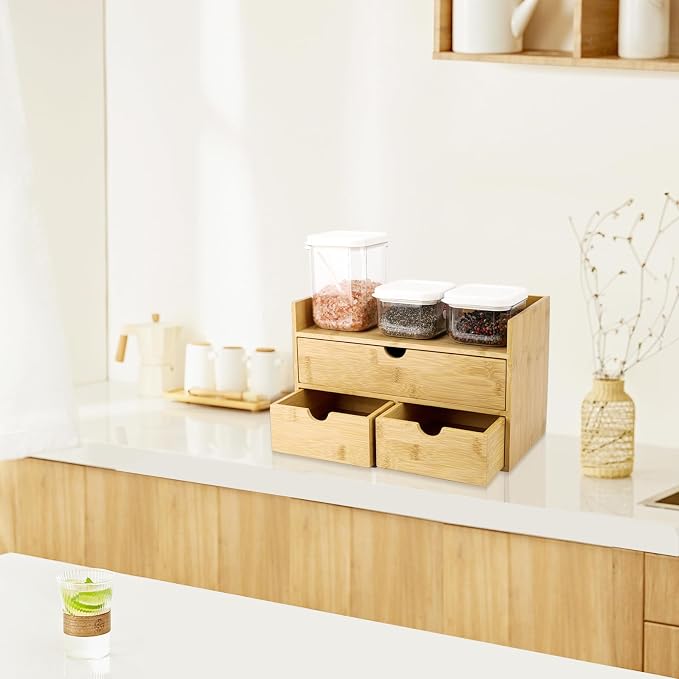Charmewooden Bamboo Desk Organizer With Drawers Countertop Drawers Counter Storage Box Corner Desk Organizer for Home Office No Assembly Required (3 Drawers with shelf) - Image 5