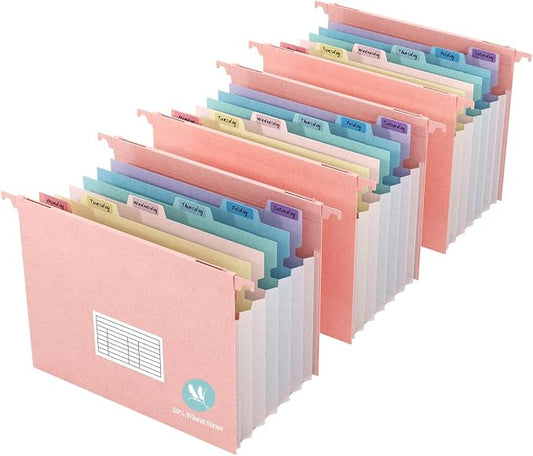 Expanding Hanging File Folders for Filing Cabinet, 7 Accordion Pockets, 1.2'' Expandable, Multi-Color Tabs, Letter Size, 50% Wheat Straw, 3 Pack (Pastel Pink) by Tbay
