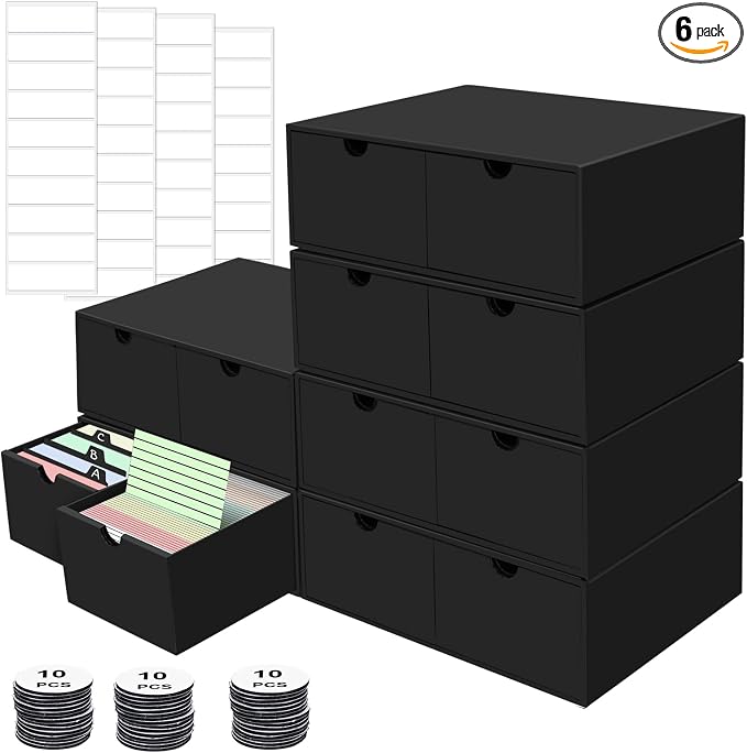 6 Packs Index Cards Box,3x5 Index Card Holder with Lid,2-Compartment Black Index Card Storage Organizer for 3'x5' Note Cards, Recipe Cards, Flashcards Office Organization by aopule