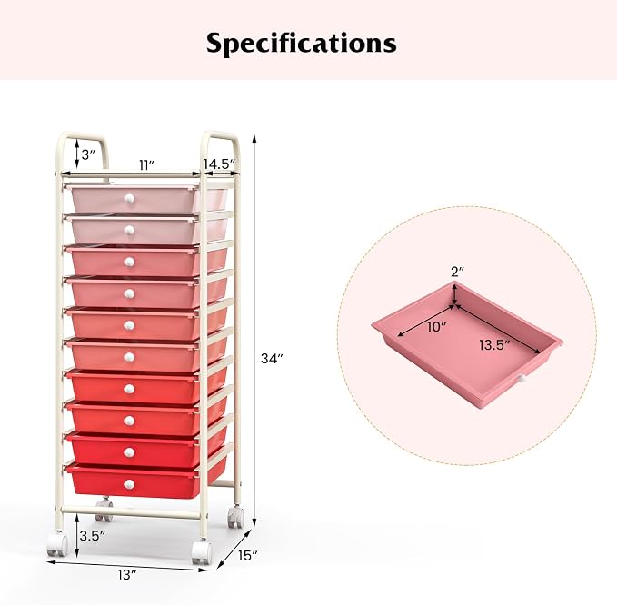 Giantex 10-Drawer Storage Cart w/Universal Wheel, Rolling Cart w/Handle, Home Organizer Storage Unit w/Removable Drawers, Trolley Utility Cart for Kitchen Makeup Living Room Office Play Room - Image 3