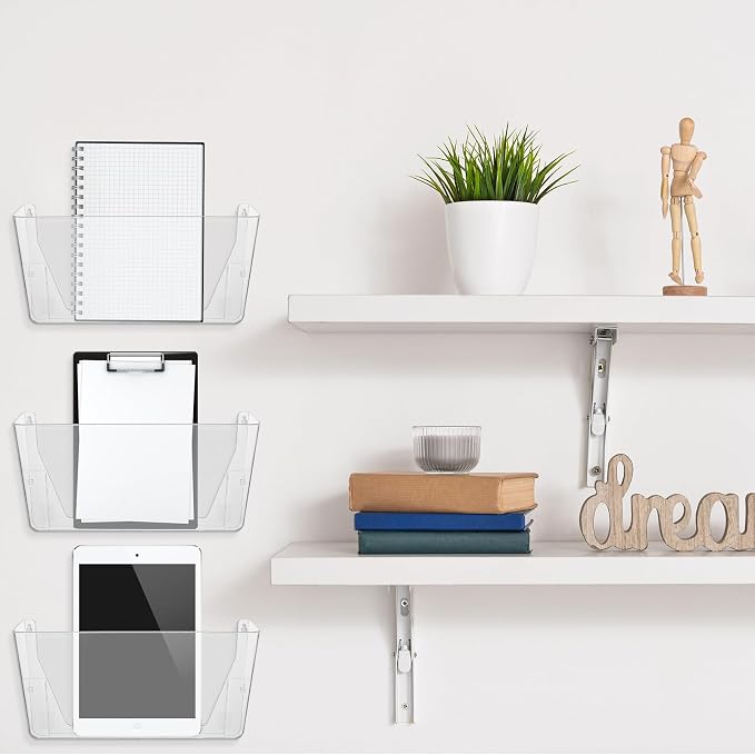 Tenceur 12 Pcs Plastic Single Pocket Wall Mount File Holder with Double Sided Adhesive Tape and Screws Wall File Hanging Folder Letter Paper Mail Organizer for Office Home Classroom (Clear) - Image 6